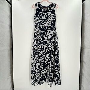R & K Sleeveless Navy/White Floral Sheer Over Navy Lining Maxi Dress Size 4